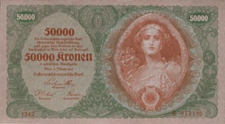 Bis 1924 war die Währung in Österreich die Krone. Nach dem Ersten Weltkrieg war die Wirtschaft in Österreich sehr schwach, es herrschte Inflation. 1922 wurden 50.000-Kronen-Scheine ausgegeben