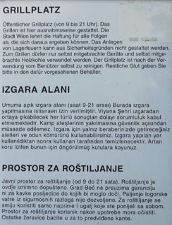 Mehrsprachige Verhaltensregeln auf einem öffentlichen Grillplatz in Wien